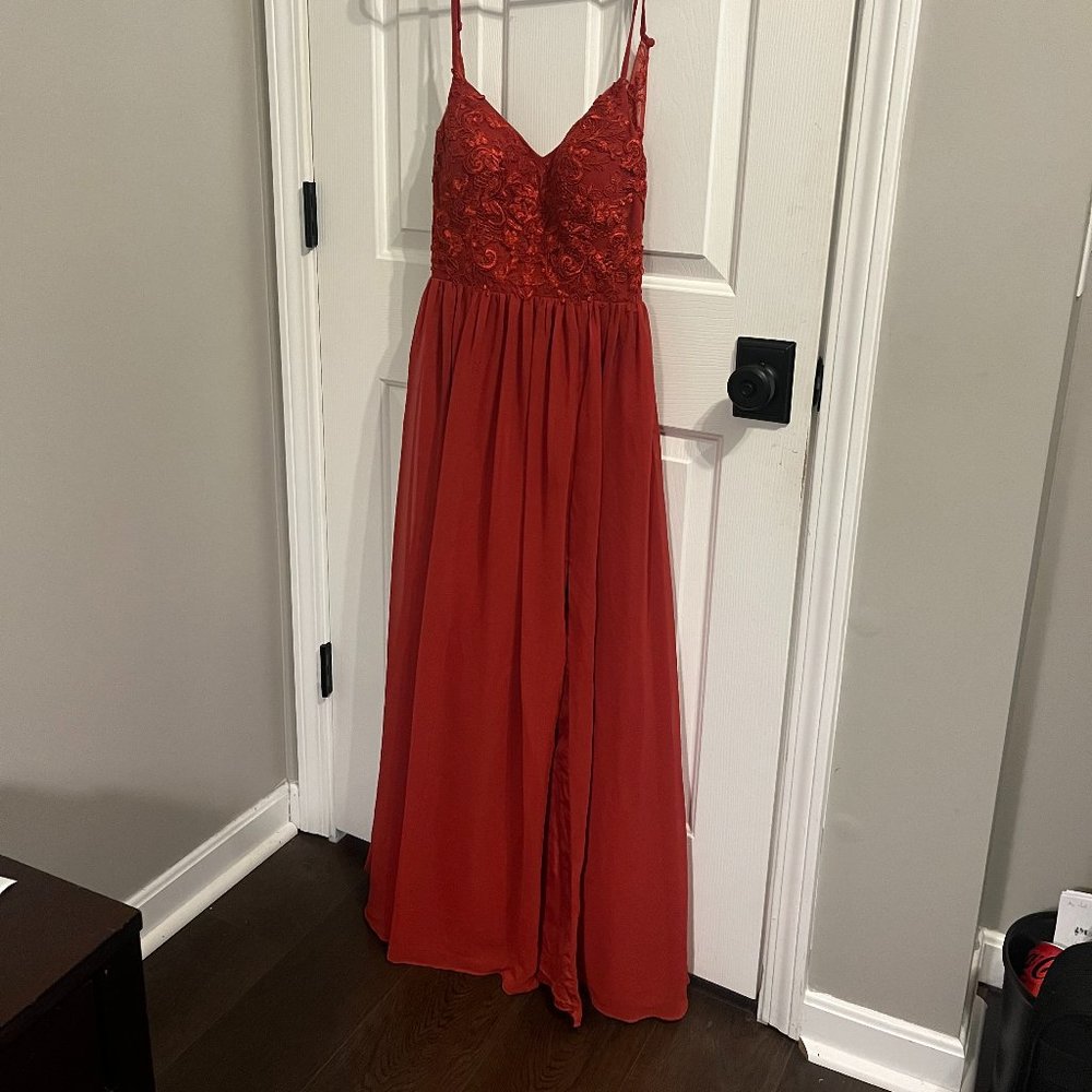 Azazie Kelia A-Line Lace Chiffon Floor-Length Dress, Rust